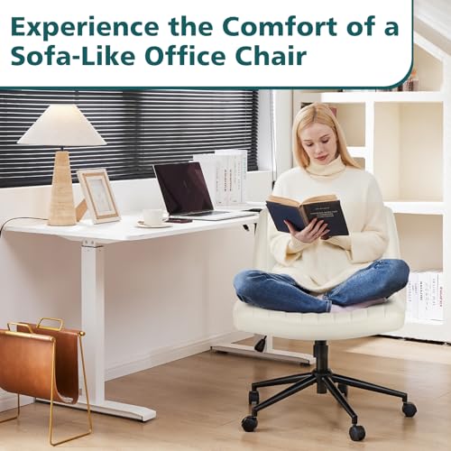 OLIXIS Criss Cross Chair with Wheels Wide Cross Legged Office Desk Vanity Chair Comfy Fabric Armless Adjustable Swivel for Home Computer Task PU Beige