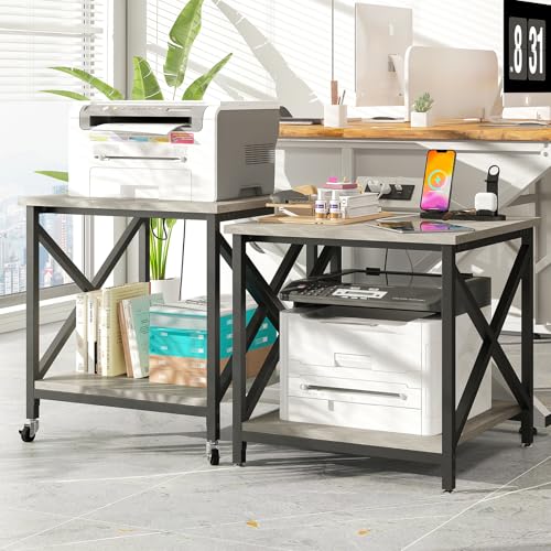 METYERRY Large Printer Stand with Power Outlet, with Storage Shelf, 2 Tier Rolling Printer Cart with Industrial Wheels, 23.6 x 23.6 Inches Printer Table for Home Office,Greige