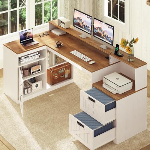 TVU Farmhouse L Shaped Desk with Drawers, 62.2" Home Office Desk with Storage Shelves and Power Outlet, L Shaped Computer Desk with Monitor Stand and Printer Shelf, Brown and White