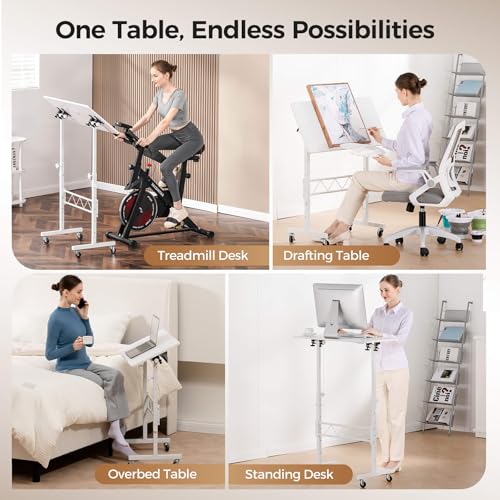 COMHOMA Standing Desk Adjustable Height & Tiltable Tabletop, Portable Stand Up Desk for Laptop, Mobile Folding Desk for Home Office Work and Walking Pad Treadmill, Height 30.7"-46.4", White