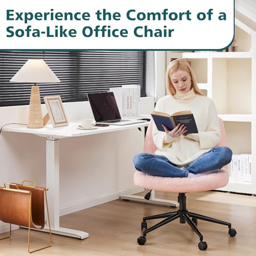 OLIXIS Criss Cross Chair with Wheels Wide Cross Legged Office Desk Vanity Chair Comfy Fabric Armless Adjustable Swivel for Home Computer Task Teddy Pink