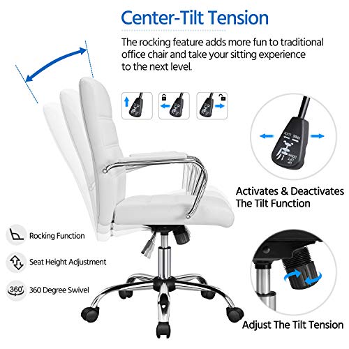 Yaheetech Office Desk Chair Mid-Back Leather Computer Chair Height Adjustable Ergonomic Executive Chair w/Lumbar Support Comfy Thick Padded Armrests and Seat, White
