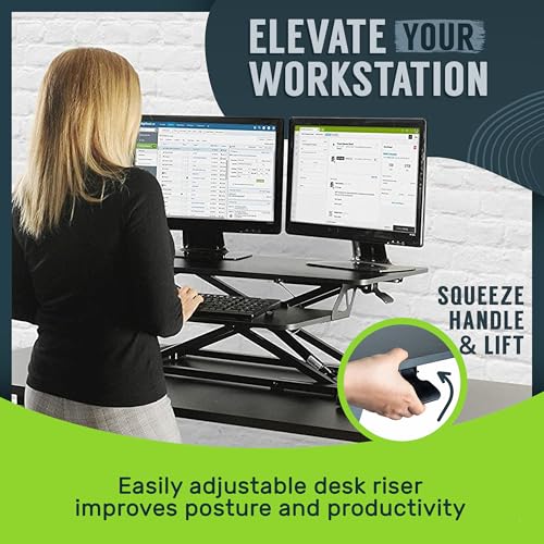 TechOrbits Standing Desk Converter - 32 Inch Adjustable Sit to Stand Up Workstation, Particle Board, Dual Monitor Desktop Riser with Keyboard Tray, for Home Office Laptop, Black 32"
