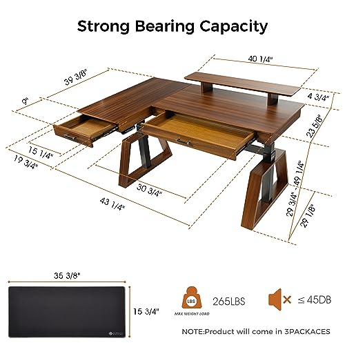 EUREKA ERGONOMIC L Shaped Desk 63", Solid Walnut Wood Top, Executive Standing Desk Adjustable Height, Dual Motor Corner Workstation with Drawers & Monitor Shelf for Home Office, Left