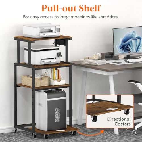 Lifewit 4 Tier Printer Stand with 3 Power Outlets, Wheels and Adjustable Storage Shelf for Home Office, Rolling Printer Cart for Shredder, Scanner, Fax, Hold 340lbs, Rustic Brown