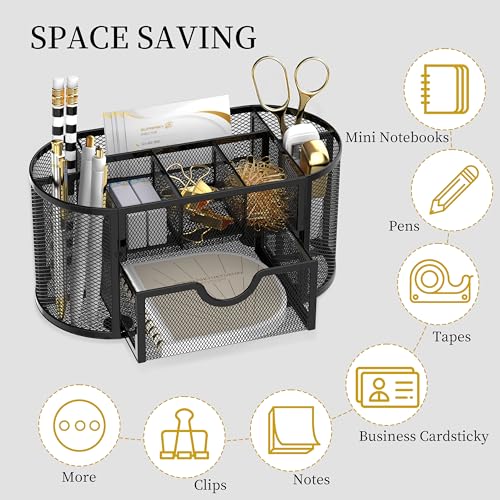 SUPEASY Mesh Desk Organizer, Desk Accessories & Workspace Organizers with Drawers, Pencil Holder for Desk with 9 Compartments for Office Supplies, School, Classroom, 8.6 x 4.3 x 4.1 Inch, Black