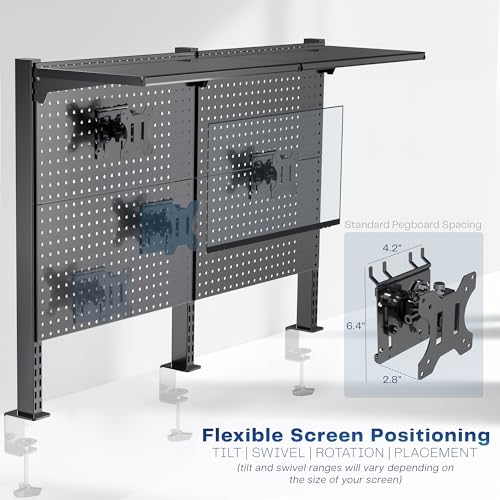VIVO Steel Triple Clamp 47 x 31 inch Desk Pegboard System with 2 Monitor Mounts and Storage Shelf, Fits up to 32 inch Screens, Office Accessory Organizer, Black, PP-DK48SB