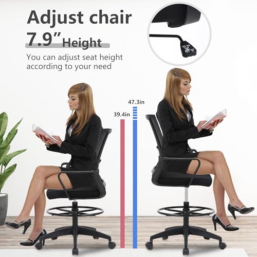 PayLessHere | Drafting Chair | Black | Tall Office Chair with Adjustable Seat Height & Footrest, Ergonomic Mesh Back, Lumbar Support, 360 Degree Swivel Rolling Wheels | for Workspaces & Home Office