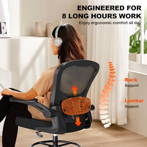 Synorla Ergonomic Drafting Chair, Tall Office Chair with Flip-up Armrests, Breathable Mesh High Desk Chair with Lumbar Support Adjustable Footrest Ring for Standing Desk Black