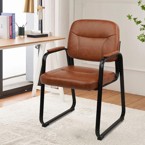CLATINA Waiting Reception Chairs No Wheel, Leather Guest Chair with Padded Arms, Modern Brown Office Desk Chairs with Sled Base for Office Meeting Conference Room Lobby Home Living Room (4 Pack)