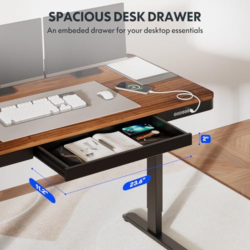 FLEXISPOT Comhar 55" Electric Standing Desk with Drawers, Quick Assembly Home Office Sit Stand Desk with Storage & USB Charging, Computer Workstation for Home Office (55" Wood, Dark Walnut/Black)
