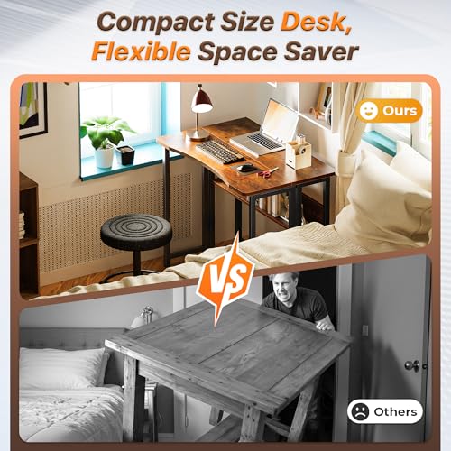 Huuger Folding Desk with Storage Shelf, 31.5 Inch Foldable Computer Table for Small Spaces, Space Saving Sofa Table for Couch, Writing Work Office Computer Desk, Easy to Fold, Rustic Brown