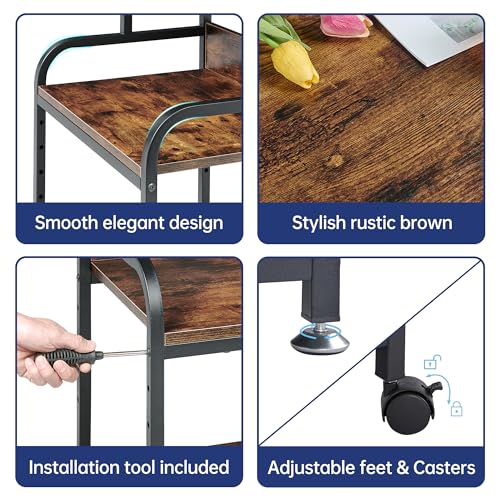 Fannova Printer Table Stand with Height Adjustable Shelf, 3 Tier Rolling Printer Cart with Wheels for Home Office Storage and Organization, Industrial Style