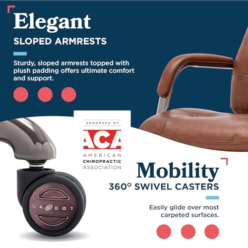 La-Z-Boy Sonata Executive Mid-Back Office Chair, Button-Tufted Seat and Back, Double-Layer Cushion, Padded Armrests, Ergonomic Computer DeskChair, Swivel Metal Base, Bonded Leather, Cognac/Graphite