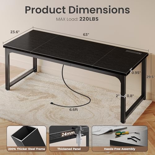 Huuger 63 x 24 inch Desk with Power Outlets & USB-C, Deeper & Thicker Desktop, Robust Metal Tubes, Computer Desk, Heavy Duty Office Desk, Work Gaming Desk, for Home Office, Black