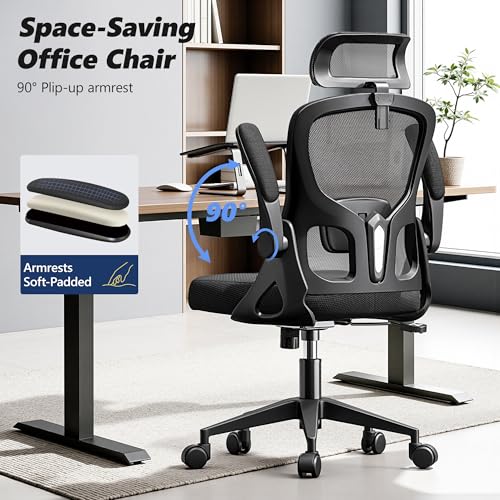 Ergonomic Office Chair, High Back Desk Chair with Flip-up Arms, 300 LBS Mesh Computer Chair with Adjustable Headrest & Lumbar Support, Comfy Gaming Chair for Adults, Home Office Desk Chairs (Black)