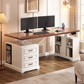 SEDETA Farmhouse Electric Standing Desk, 63" Height Adjustable Computer Desk with 3 Drawers, Storage Shelves, Power Outlets, Wood Home Office Stand up Desk for Work, Study, Writing, White