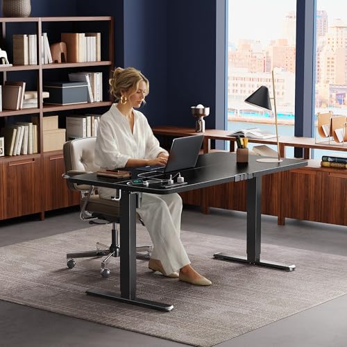 Huuger Electric Standing Desk with Power Outlets and USB-C Port, 55 X 24 Inch Height Adjustable Desk, Sit Stand Desk for Home Office, Computer & Gaming Desk with 4 Presets, Stable Steel Frame, Black