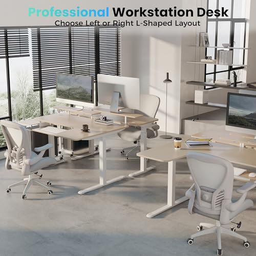 EUREKA ERGONOMIC 55 Inch L Shaped Electric Standing Desk, Height Adjustable Computer Gaming Desk with Keyboard Tray, Mouse Pad, Home Office Work, Maple Wood, Left Side