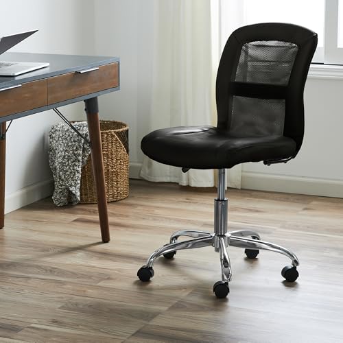 Serta Essential Armless TaskChair, Small Desk Chairs with Wheels, Breathable Mesh Back and Faux Leather, Quality Foam Cushion Seat for Comfort, Minimal Design for Vanity Table, Black