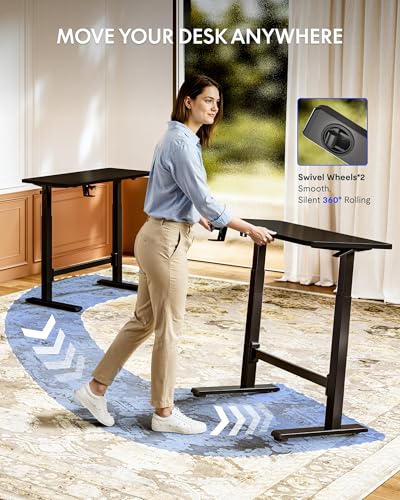FLEXISPOT H7 Plus Gas Spring Adjustable Standing Desk, Mobile Rolling Sit-Stand Workstation with Wheel, Cordless Stand Up Desk for Small Room & Home Office 32" One-Piece Desktop Black,height 27.6"–45"