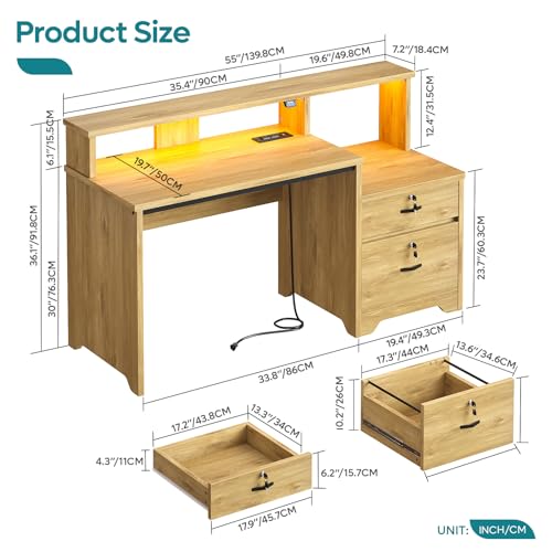 Bestier 55" Computer Desk with Power Outlets & LED Lights, Home Office Desk with Lockable File Drawer & Printer Shelf, Monitor Stand, Modern Workstation for Gaming Study, Natural Oak