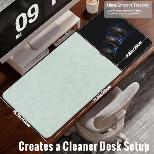 HAUTOCO Cork Desk Mat 31.5"x15.7", Distressed PU Leather & Smooth Cloth Mouse Pad, Non-Slip Large Gaming Desk Pad with Stitching Edges for Office Home, Mint Green