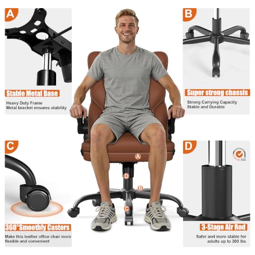 Ergonomic Office Chair with Flip-up Armrests, 300lbs Mid Back Computer Desk Chair with Lumbar Support, Executive Leather Chair with Rocking Function Adjustable Height for Home Office