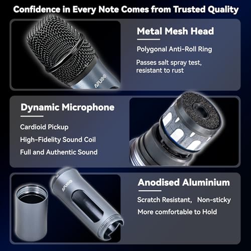 AFUOO Wireless Microphone Set for Singing, Speech & Karaoke, 2.4GHz Dual-Mic Receiver, 200ft, Storage Bag Included, Metal Cordless Mic 2 Pack for Karaoke Machines, PA Systems, PartyBox, Gray-Blue