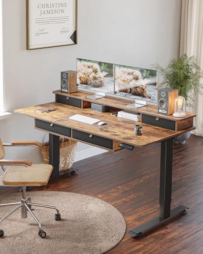 CubiCubi 55" x 30" Standing Desk with Drawers, Height Adjustable Electric Workstation, Computer Sit Stand Up Table with Large Storage Shelf 4 Drawers and 2 Hooks, Rustic Brown