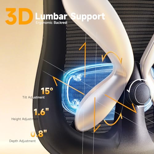amseatec Ergonomic Mesh Office Chair with 5D Flip-Up Arms & 3D Lumbar Support, 2D Headrest, 4-Position Recline Lock, High Back Desk Chair 350lbs, Breathable Computer Chair for Home Office-Black