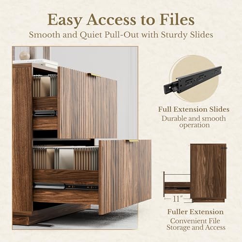 Perledesign 2 Drawer Fluted File Cabinet, 32'' Lateral File Cabinet for Legal/Letter/A4/F4 Size Hanging Files, Wood File Storage for Home Office, Black Walnut