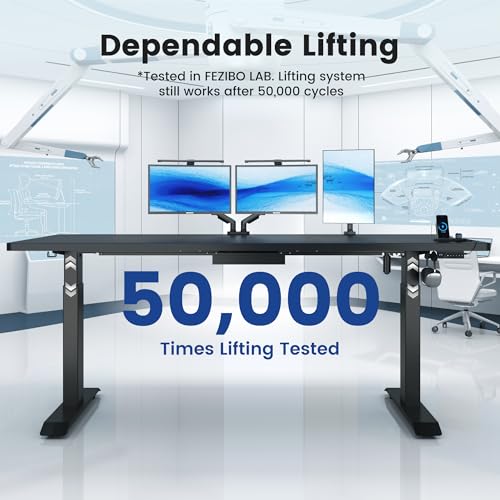 FEZIBO 71 x 37 Inch Electric Standing Desk with Integrated Dual-Beam & Cable Management, Memory Height Adjustable Computer Desk for Home Office Workstation, 1" Thick Large 3-Piece Tabletop Black
