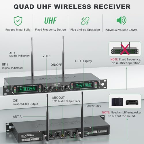 Phenyx Pro Wireless Microphone System, 4-Channel UHF Wireless Mic, Fixed Frequency Metal Cordless Mic with 4 Handheld Dynamic Microphones, 260ft Range, Mics for Singing, Church(PTU-5000-4H)