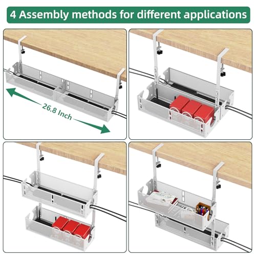 Multi-Model Under Desk Cable Management Tray 2 Packs Metal Under Desk Wire Management Clamp Mount Under Table Cord Management No Damage The Desk (White)