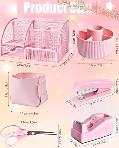 LXEVIHK 21Pcs Pink Desk Organizers and Accessories With Mesh Desk Organizer and 360°Rotating Pen Holder and a Lot of Office Pink Office Supplies Beautifully Presented in a Gift Box