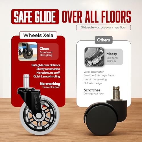 Wheels Xela Office Chair Wheels, Set of 5, 3 Inch Heavy-Duty Replacement Rubber Wheels for Desk & Gaming Chair are Easy to Install & Suitable for All Floor Types