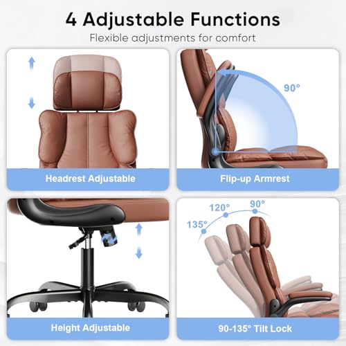 Kensaker Office Chair with Adjustable Headrest & Lumbar Support for for Lower Back Pain Relief, Executive PU Leather Chairs Comfy with Double Padding & 135° Rocking for Home Office, Brown