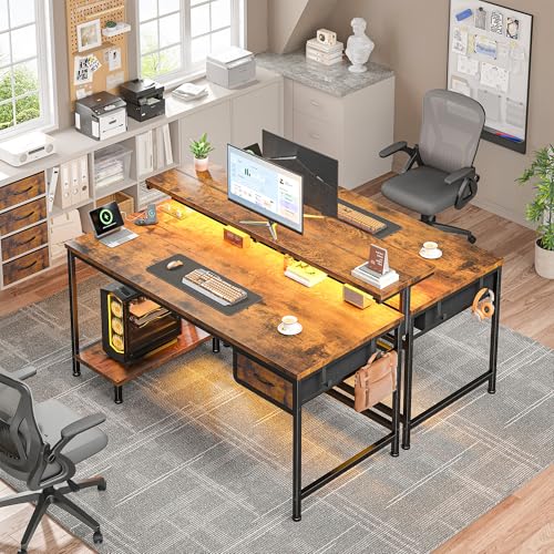 DurayLoly 39.3Inch Office Desk with Power Outlet & Drawer, Gaming Desk with CPU Stand& LED Lights,Computer Desk with Ergonomic Monitor Stand for Small Space,Rustic Brown