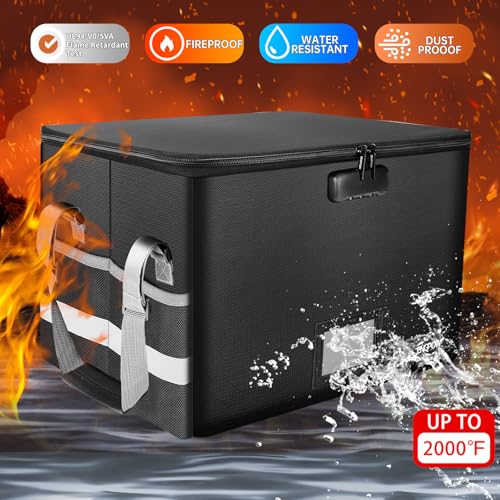 ENGPOW File Box with Lock,Fireproof Document Box with Zipper＆Pockets,Collapsible File Organizer Filing Storage Cabinet with Handle,Portable Home Office Safe for Hanging Letter/Legal Folder,Black