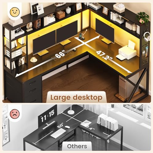 SEDETA L Shaped Gaming Desk with Storage Shelves and Hutch, Convertible 94.5" Computer Desk with Drawers, Corner Computer Desk with Power Outlet, LED Lights, Pegboard for Home Office, Black