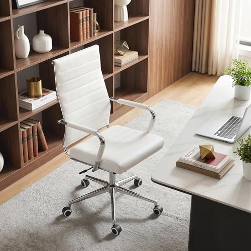 Okeysen White Office Desk Chair, Ergonomic Leather Modern Conference Room Chairs, Executive Ribbed Height Adjustable Swivel Rolling Chair for Home Office.