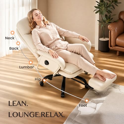 FLEXISPOT Multi-Task Ergonomic Office Chair with Footrest Computer Desk Chairs Indoor Lounge Chair with 90-165° 4-Level Reclining, Chairs for Working Relaxing Sleeping, PU Leather+Iron Base, White