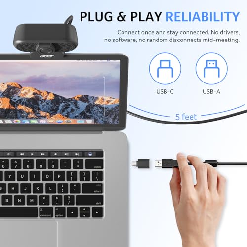 Acer 1080p Webcam USB Plug and Play Webcam for PC with Noise Cancellation Microphones Computer Camera for Desktop Streaming Gaming Online Meeting Wide Angle Privacy Cover A-to-C Adapter Easy Setup