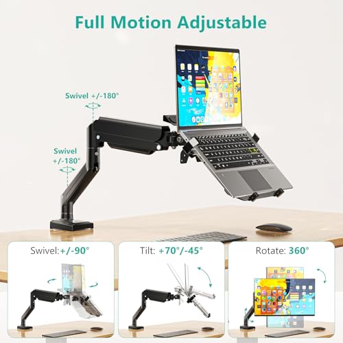 WALI Single Arm Laptop and Monitor Desk Mount for 17" Notebook and Up to 32" Screen, 2-in-1 Adjustable Monitor Arm with Laptop Tray, VESA 75x75 100x100,Holds 22-26.4 lbs, Black (GSMP001NLP)
