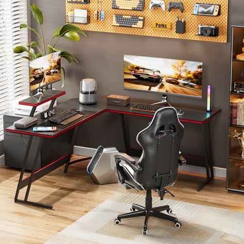 Homall L Shaped Gaming Desk Computer Corner Desk PC Gaming Desk Table with Large Monitor Riser Stand for Home Office Sturdy Writing Workstation (Black, 51 Inch)