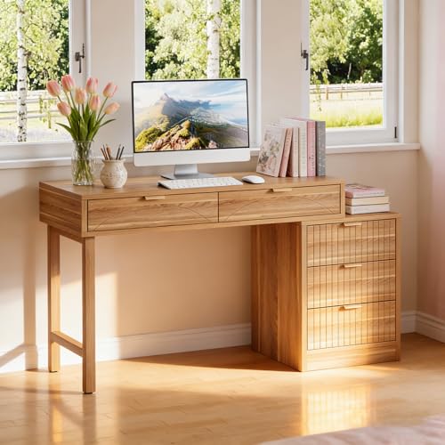 Tribesigns Computer Desk with 5 Drawers, Reversible Small Writing Desk with Storage, Modern Wooden Study Corner Table Workstation for Home Office, Small Spaces, Walnut Brown