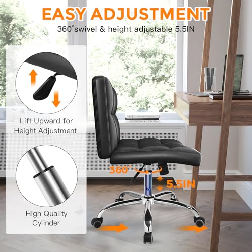 OUTMASTER Black Office Chair with Wheels - 360° Swivel Armless Back Support，Comfortable Pu Adjustable Rolling Desk Chairs for Office，Home，Vanity，Bedroom，Big Space (Widened Black)