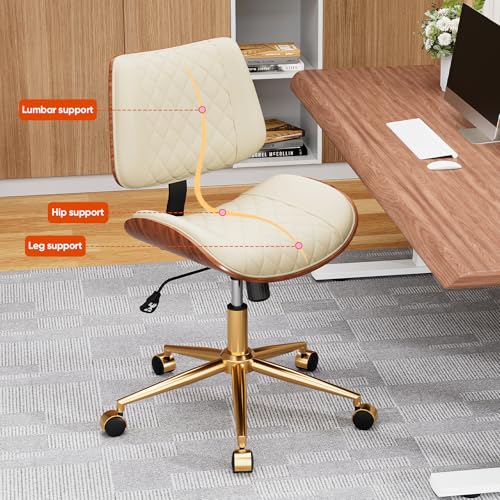 FervorFurn Home Office Desk Chair with Swivel Wheels, Modern PU Leather Armless Office Chair, Small Mid Back Computer Chair for Home Office, Reading Meeting Room (Beige, Gold Wheels)
