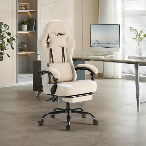 Sweetcrispy Computer Gaming Chair - High Back Ergonomic Desk Chair with Footrest and Lumbar Support, Height Adjustable Task Chair with Linkage Armrests and Headrest, 360°Wheels, Fabric, Khaki